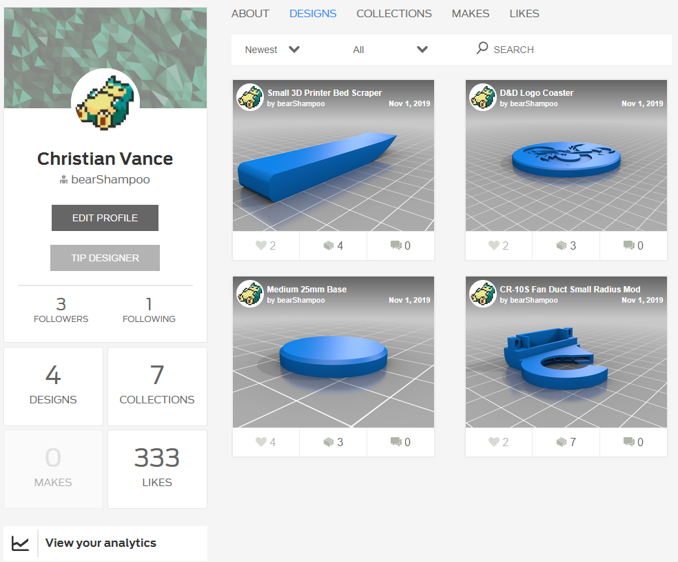 Thingiverse Profile Page